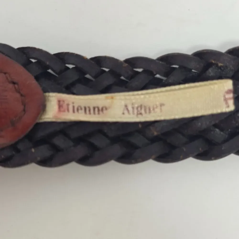 VTG Etienne Aigner Brown Woven Leather Belt Womens Medium Brass Buckle Logo